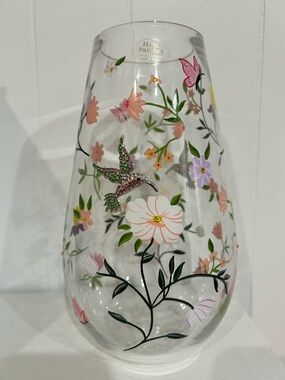 Hand-Painted Floral Hummingbird and Butterfly Glass Vase - Pink & Green